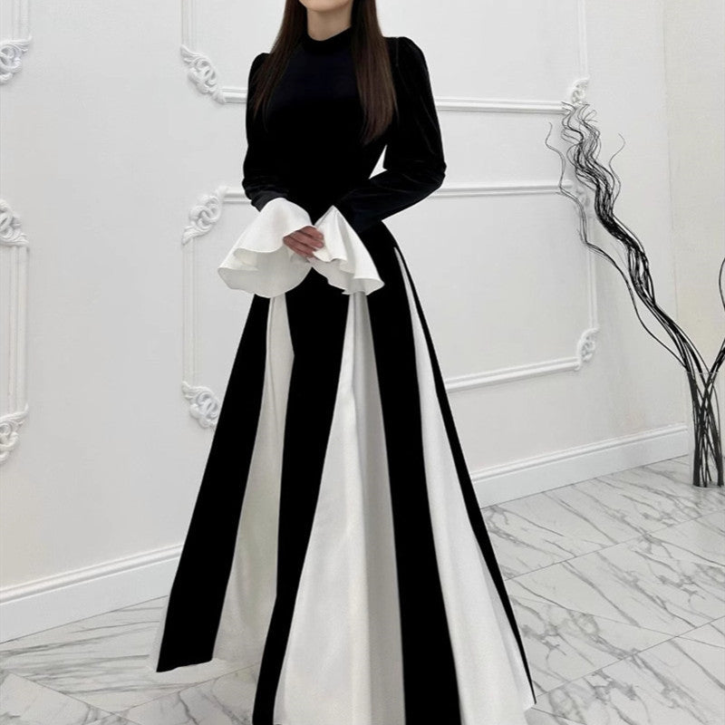 Black And White Contrast Color Elegant Ruffle Dress